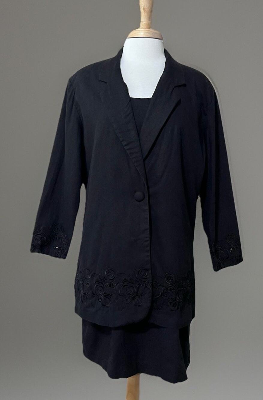 Vintage Styleworks Solid Black Sheath Dress/Blazer Set sz 18 Embroidered Career